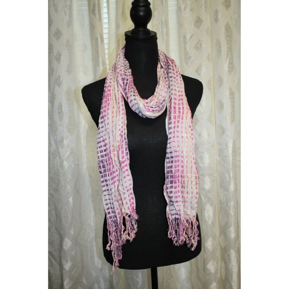 Scarf /73 inches / Cream scarf with purple, pink and orange. - Picture 2 of 8